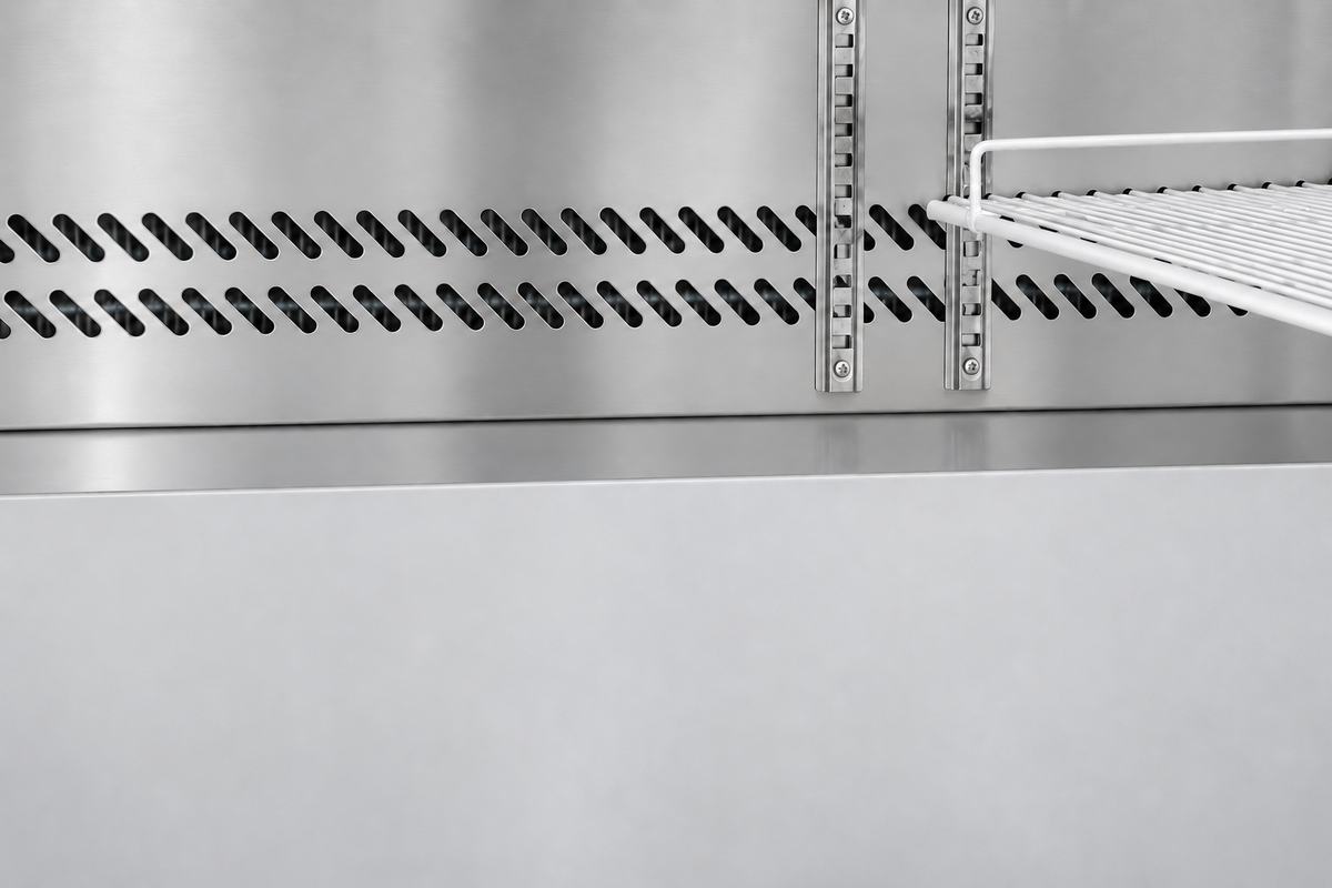 SLSP72M 72 inch 3 door refrigerated sandwich prep table interior storage view