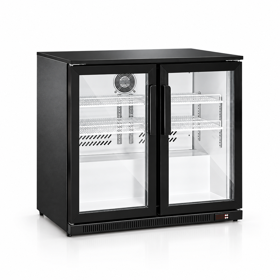 BBC-2 36 inch 2 door glass back bar refrigerator front view